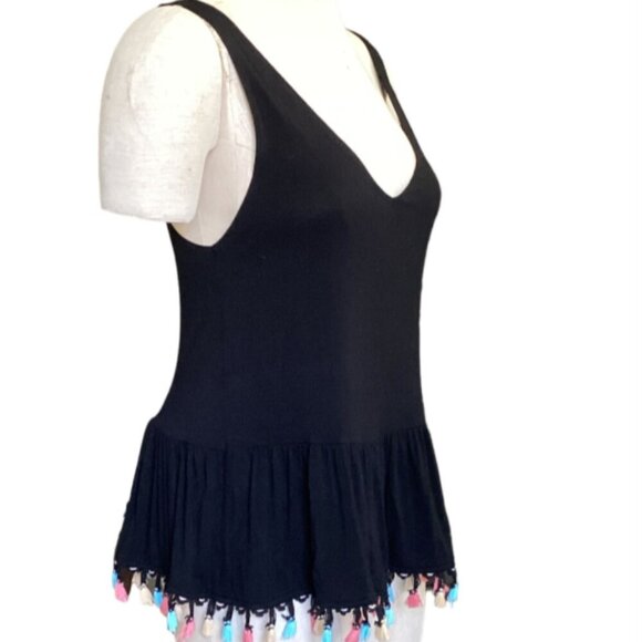 The Vanity Room V-Neck Peplum Tank Top with Rainbow Fringe Hem S Black 98H - Picture 2 of 8
